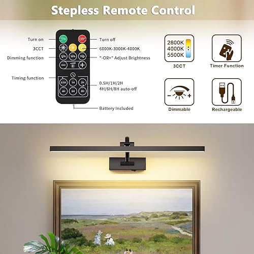 Miniatura 5 de Luces de imagen inalámbricas para pared, funciona con pilas, iluminación artística negra para pinturas, luces de galería recargables con control