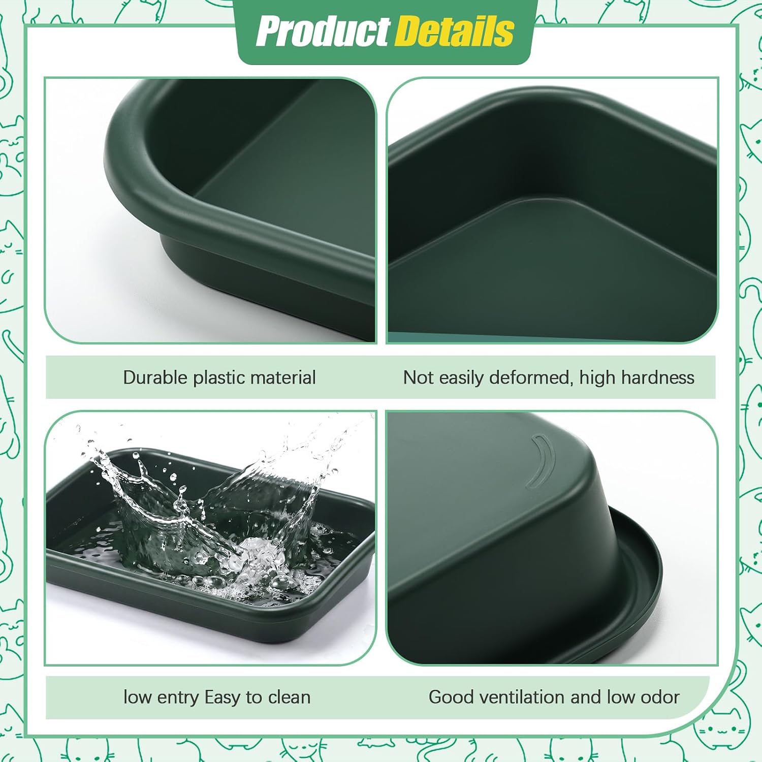 Uiifan 1 Pcs Low Entry Senior Cat Litter Box Pet Low Entry Litter Box for Senior Kitten Handicap Disabled Older Elderly Cats, Easy to Clean(Dark Green,16.9 x 12 x 3.15 Inch) image 4