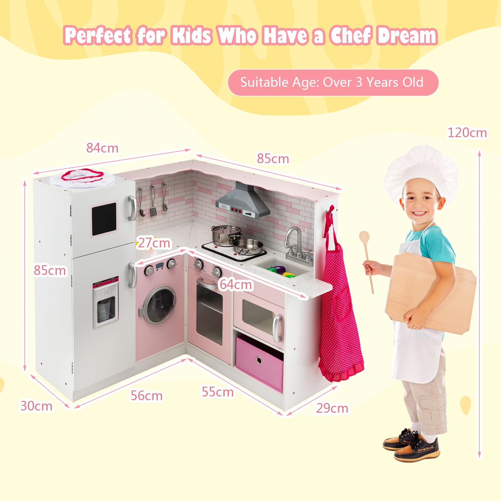HOMASIS Cucina per Bambini in Legno ad Angolo Con Luci e Suoni, Cucinetta Con Lavello, Piano Cottura, Forno, Microonde, Lavagna - per Bambini dai 3 Anni in Su, Rosa