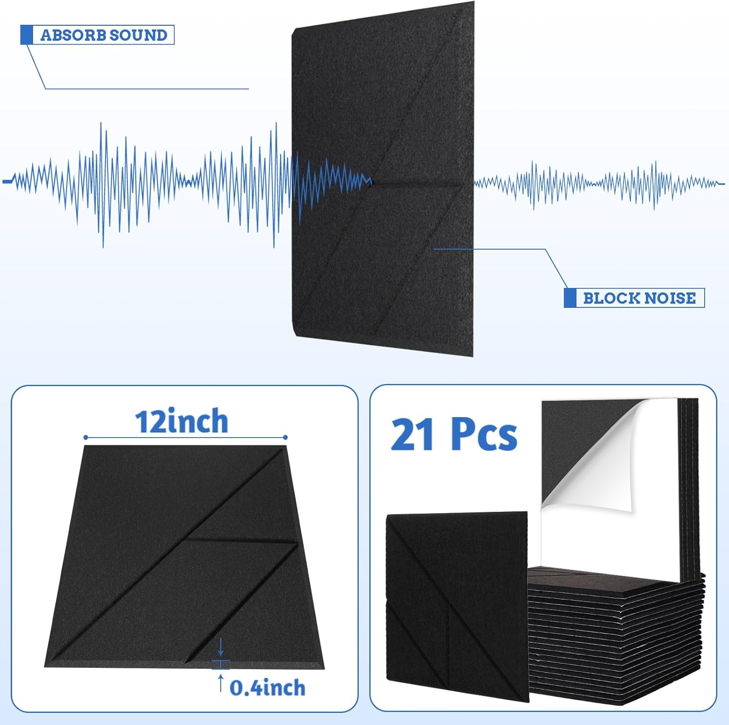 21 Pack Acoustic Panels, Self Adhesive Soundproof Wall Panels Acoustic Foam Panels for Walls High Density 12’’x12’’x0.4’’ Sound Absorbing Panels Noise Dampening Foam Panel for Room Door Office Black