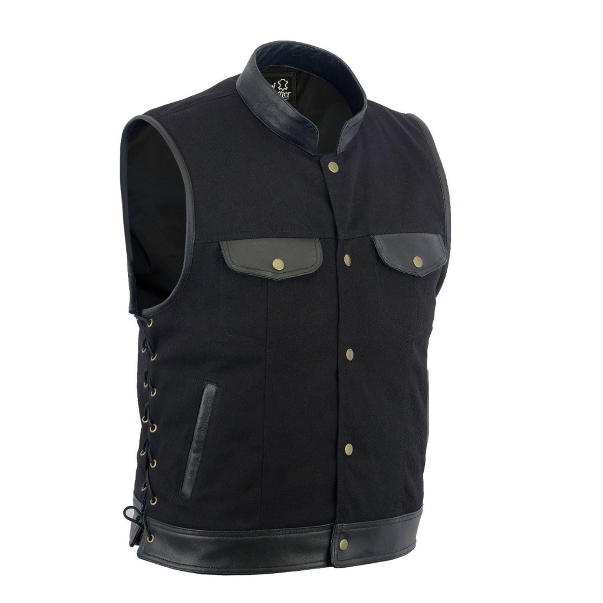 Leatherick Chaleco de hombre con ribete de cuero y denim estilo motero
