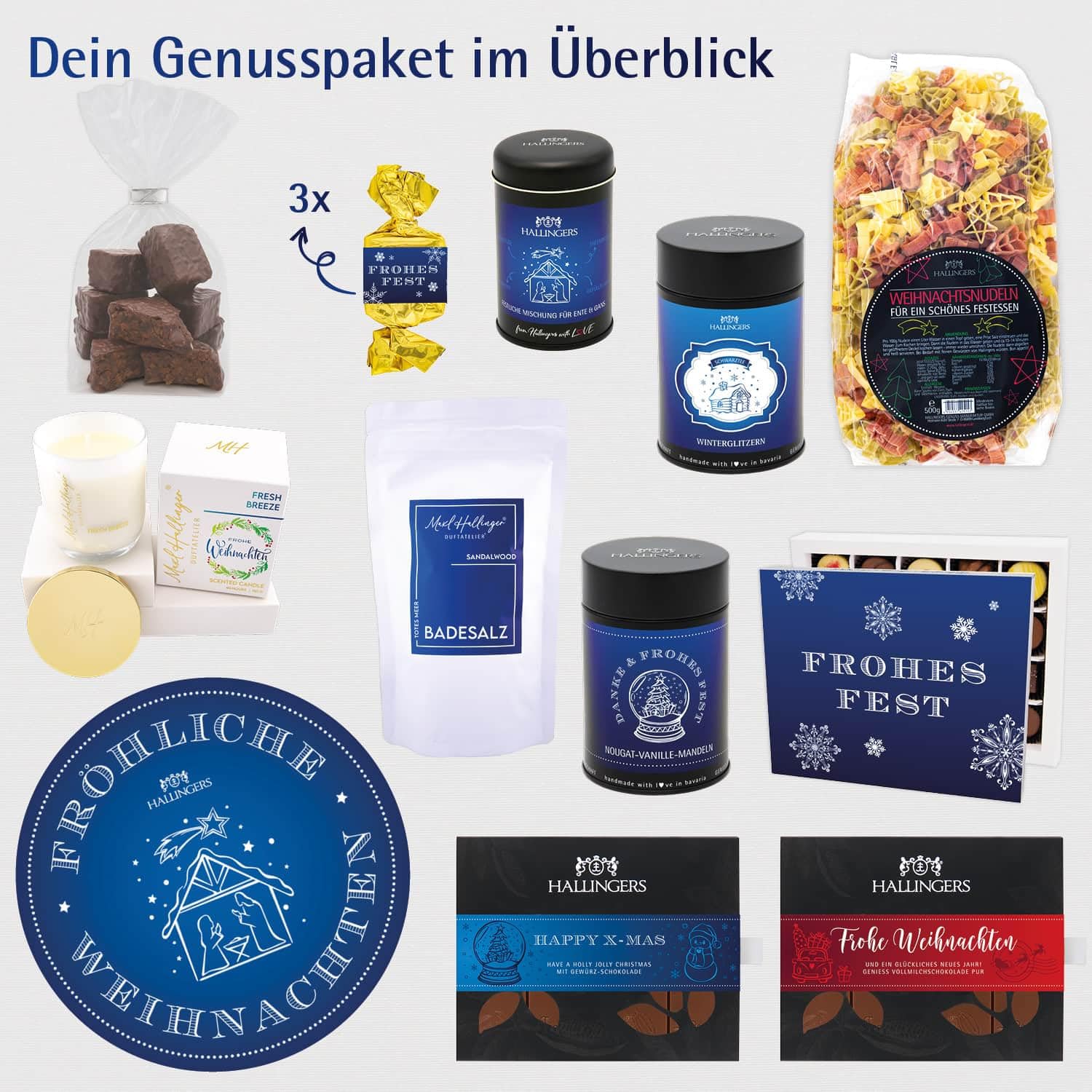Hallingers Genuss Manufaktur Feinkost Weihnachts-Geschenk-Set - XXL-Geschenkkorb "Fröhliche Weihn..." große Selektion Pasta, Lebkuchen, Gewürz Nougat Badesalz Schoki & mehr, Weihnachten für Frauen