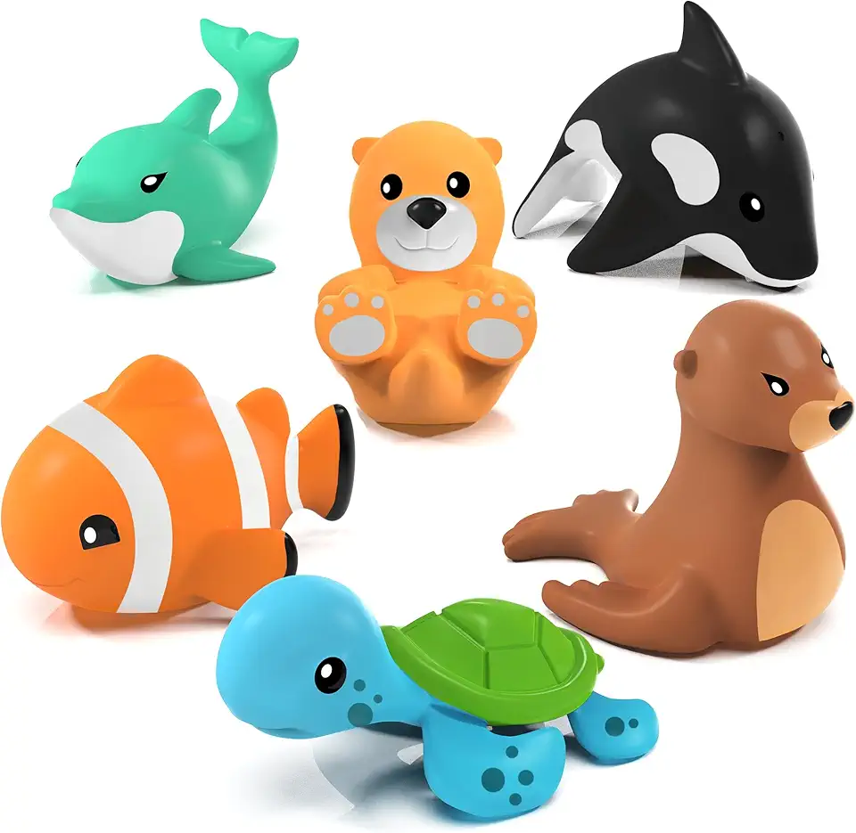Tub Works® Marine™ Mold Free Bath Toys, 6 Pack | Sealed, No Hole Bath Toys Design Keeps Moisture Out | Soft, Squeezable & Float on Water | Easy-Grip Baby & Toddler Bath Toys | Great Baby Pool Toys