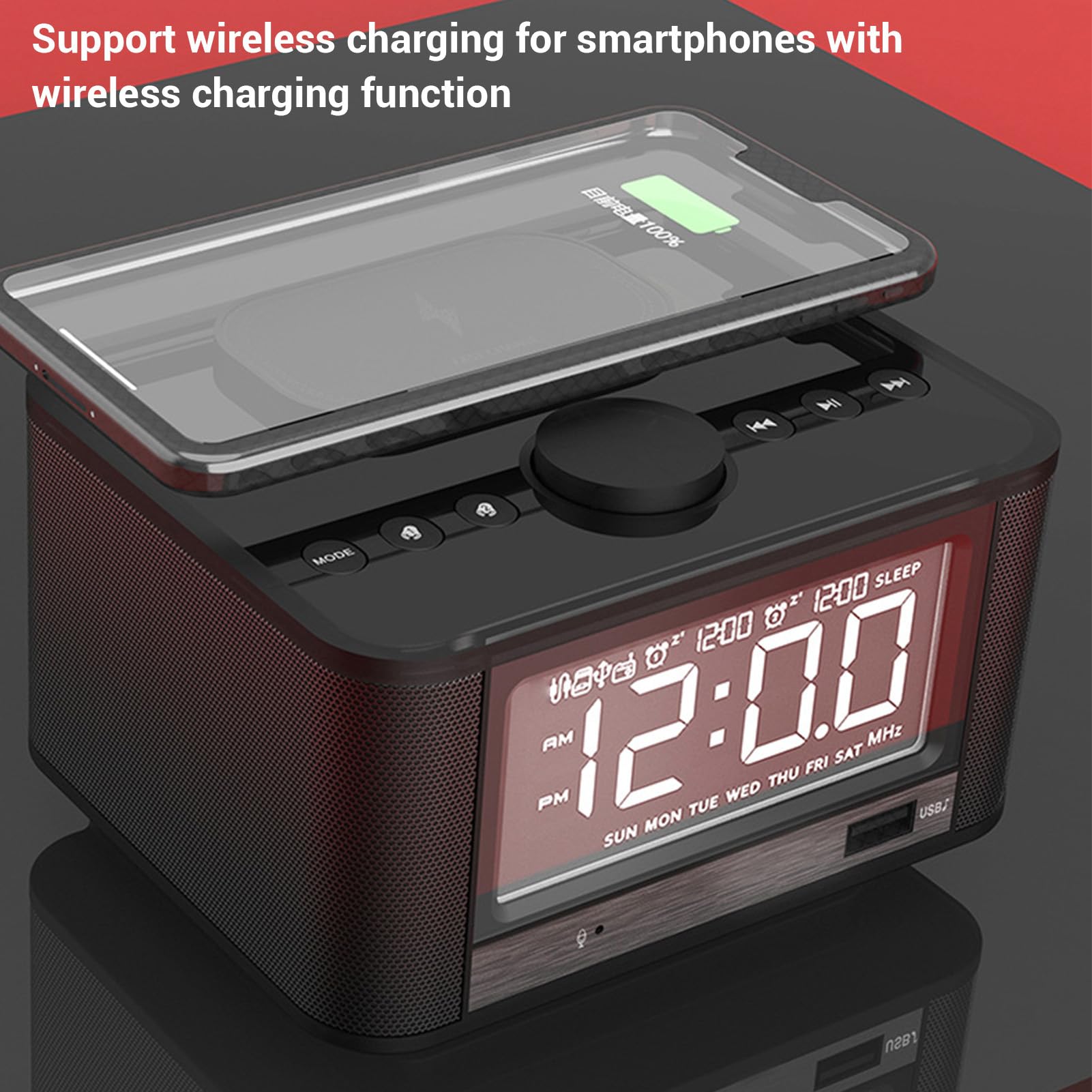 Goshyda Altavoz Bluetooth con Carga Inalámbrica, Radio Despertador para Dormitorios, Reloj Digital Regulable con Estación de Carga de Radio FM, Tarjeta de Memoria y Reproducción (Enchufe de la UE)