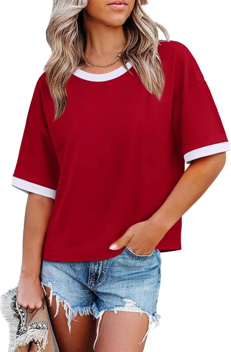 WIHOLL Womens T Shirts Loose Fit Short Half Sleeve Crew Neck Oversized Tshirts Color Block Summer Tops Fashion 2026