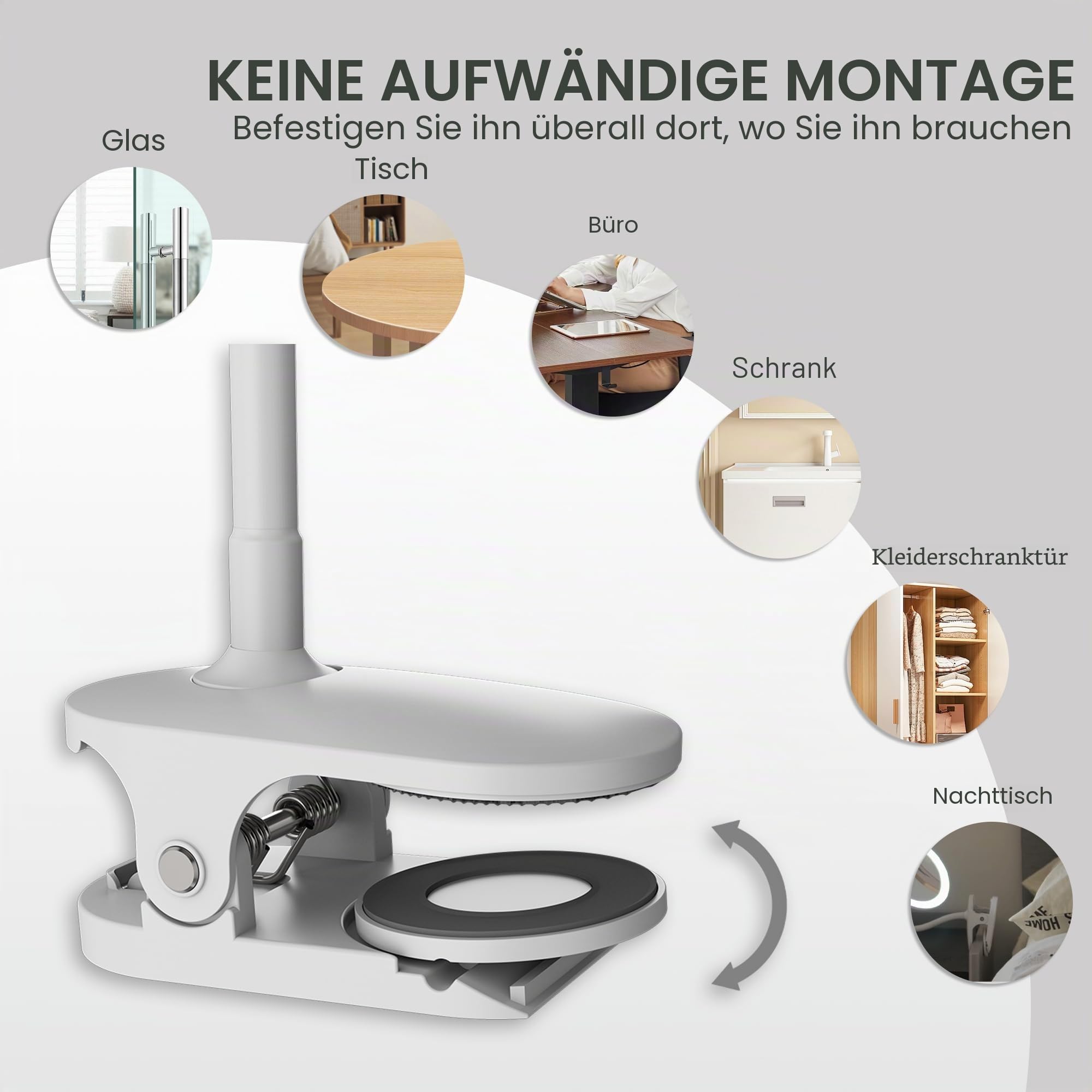 YNGTUOE 16,5 cm beleuchteter Clip-On-Schminkspiegel, Schwanenhals-Reisespiegel, 5-fache Vergrößerung, USB-Lade-Rasierspiegel für den Schreibtisch (weiß, 5-Fach)