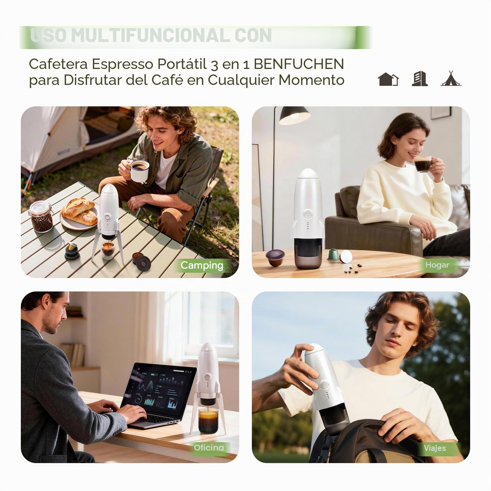 Cafetera expreso portátil 3 en 1 para llevar, cafetera expreso eléctrica autocalentable, mini cafetera para viajes, camping/senderismo, para café molido y cápsulas NS/DG, color blanco