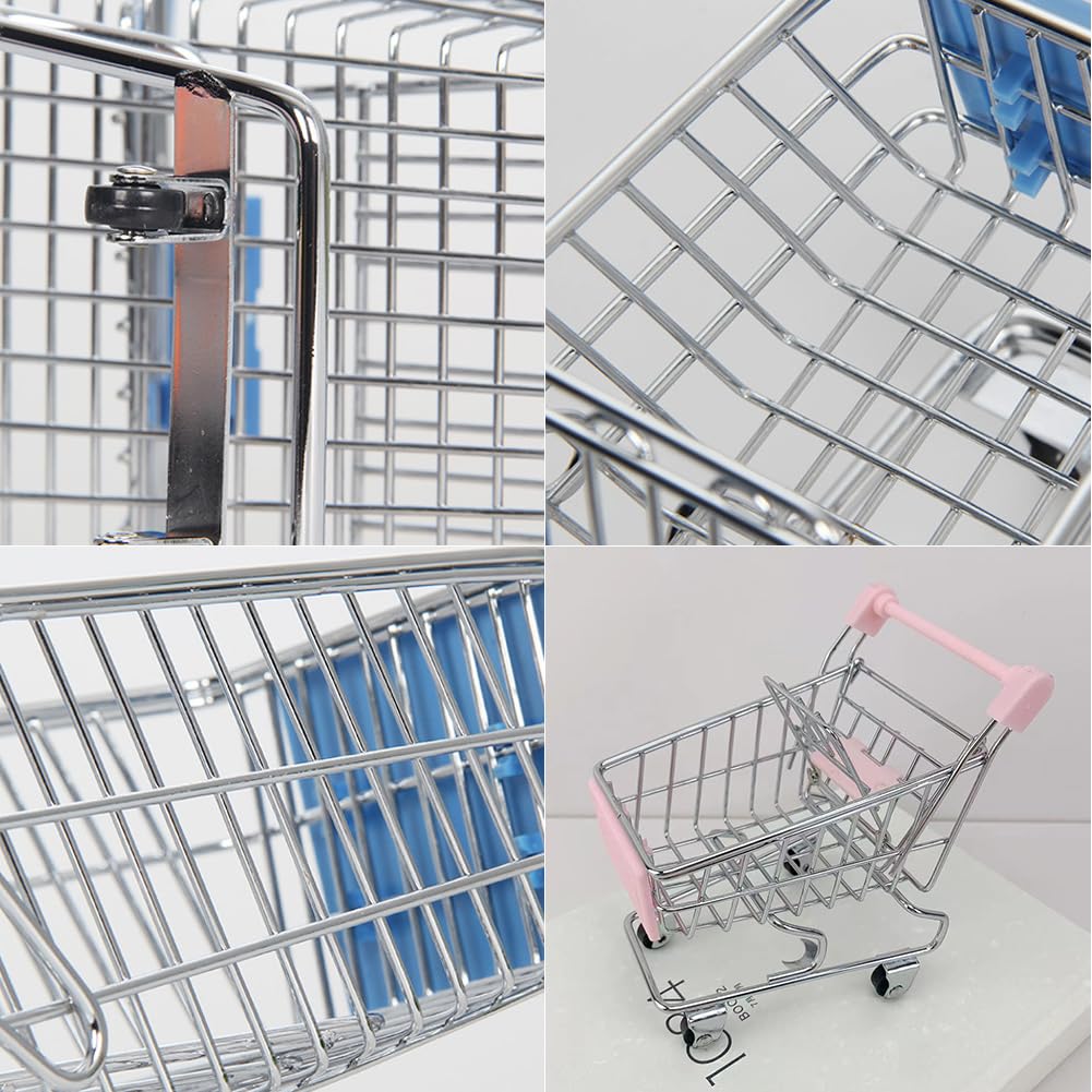 Embhlitfe Mini Wózek Na Zakupy, Mini Supermarket Wózek Ręczny, Dla Dzieci I Dorosłych, Dekoracja Stołu, Uchwyt Do Makijażu, Regał Do Przechowywania (Różowy, Czerwony + Niebieski), 2 Sztuki