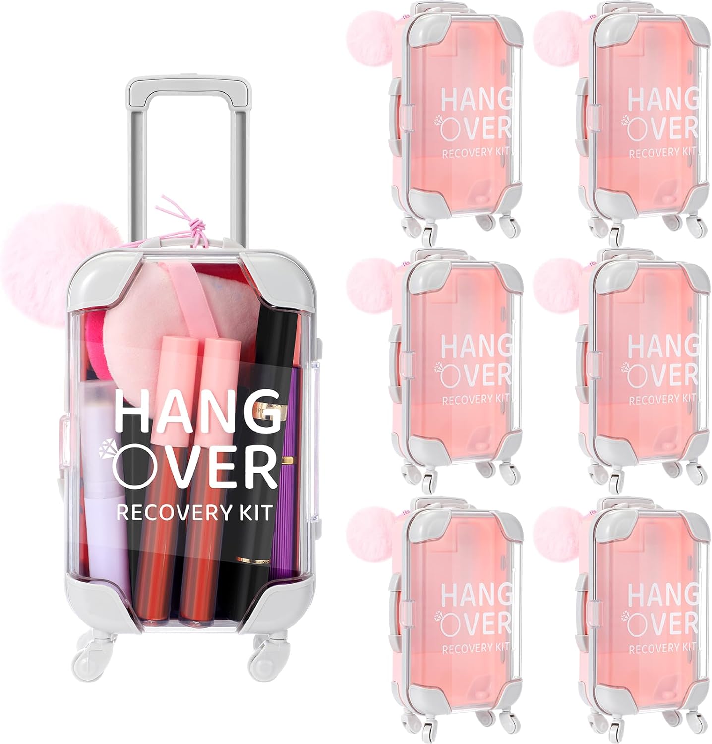 Sweetude 12 Set Hangover Recovery Kit Suitcase Mini Luggage Girls Trips Bachelor Party Favors Bridal Shower Bridesmaid Emergency Kit Pink Fluffy Ball Wedding Favors for Bachelorette Party
