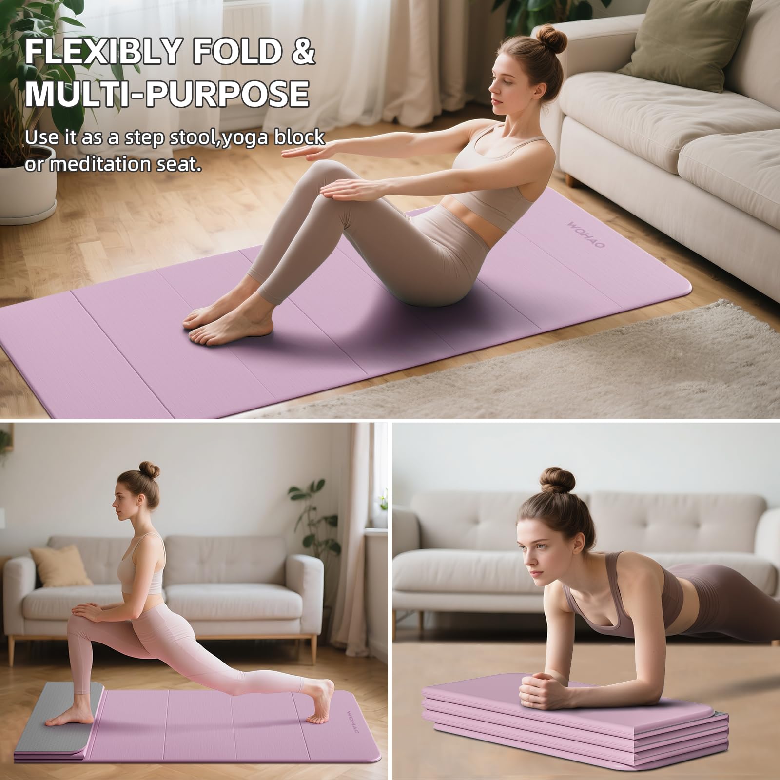 Esterilla de yoga de 7 pliegues de 70 x 24 a 1/2 pulgadas de grosor, tapete de ejercicio plegable, tapete de TPE antideslizante compacto para viajes, almacenamiento, yoga y gimnasio en casa