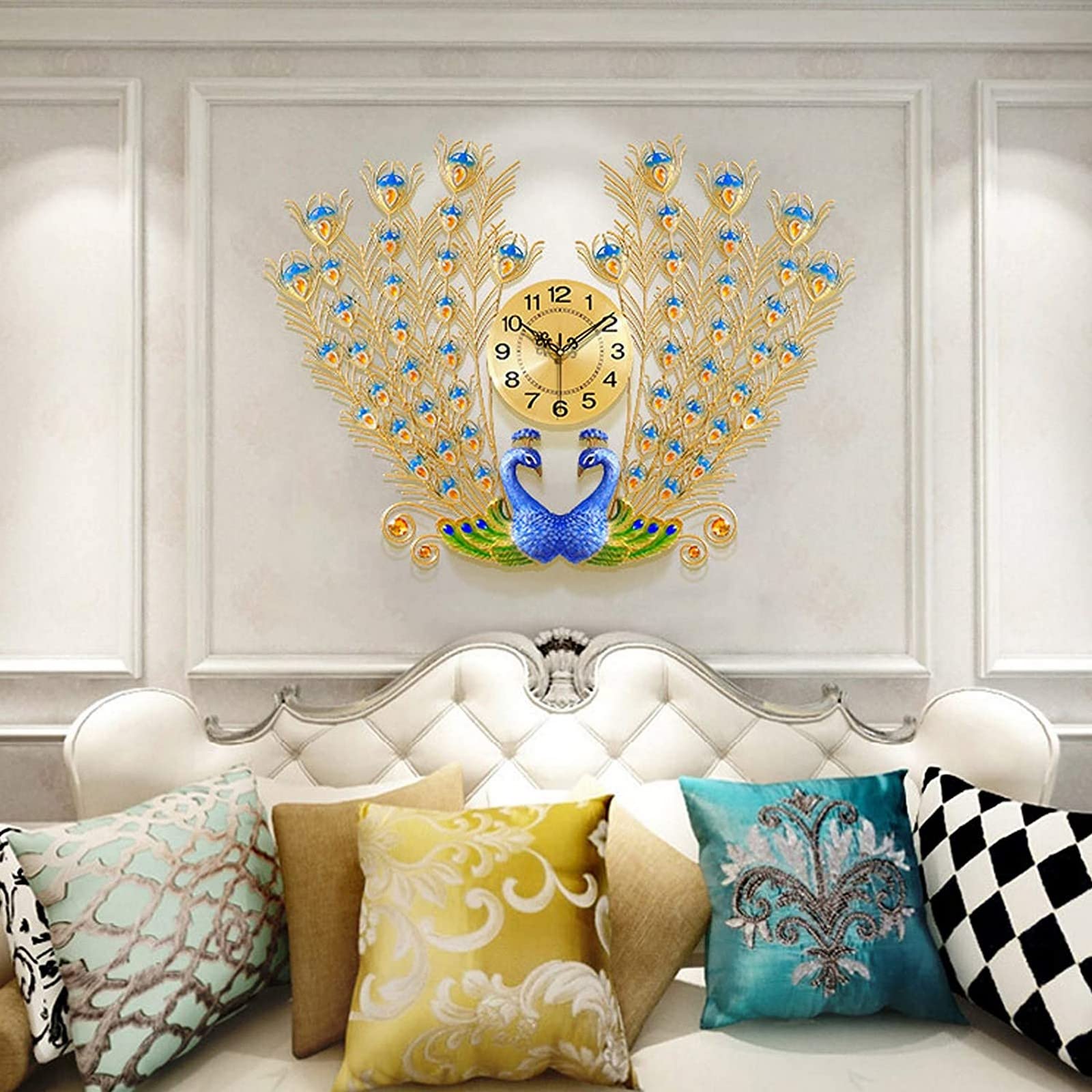 SaryEdge Wall Clock Art Large Clock Dule Peacock Wall Clock, Luxury Large Wall Clock Silent Metal Peacock Clocks European Style Operated Hotel Living Room Wall Decor, 86X6,