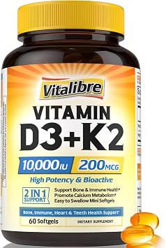 Vitalibre Vitamin D3 K2 Supplement, 10000 IU D3 / 200 mcg K2 MK7, Calcium Absorption, Bone, Heart, Immune & Mood Support, Enhanced Absorption, No Soy, Easy to Swallow, 60 Softgels