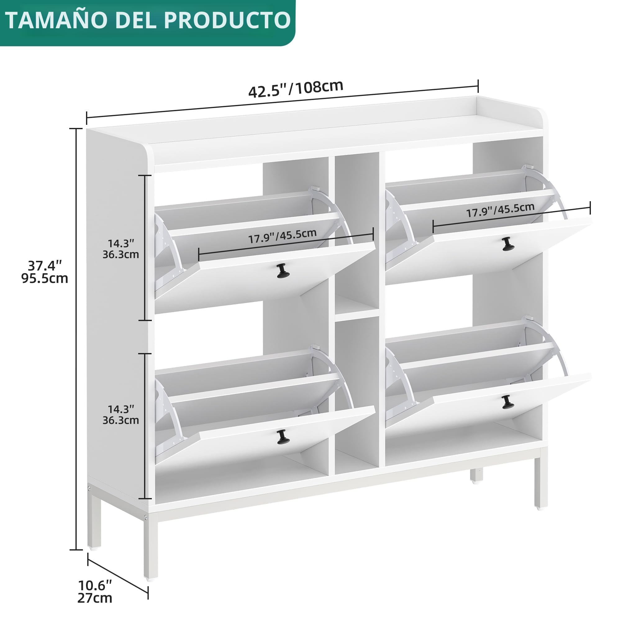 YITAHOME Zapatero Estrecho con 4 Solapas, 108 x 27,5 x 97,5 cm para 16 Pares de Zapatos con 2 estantes Abiertos, Zapatero Blanco, Armario para Pasillo, cómoda para Zapatos en el Pasillo