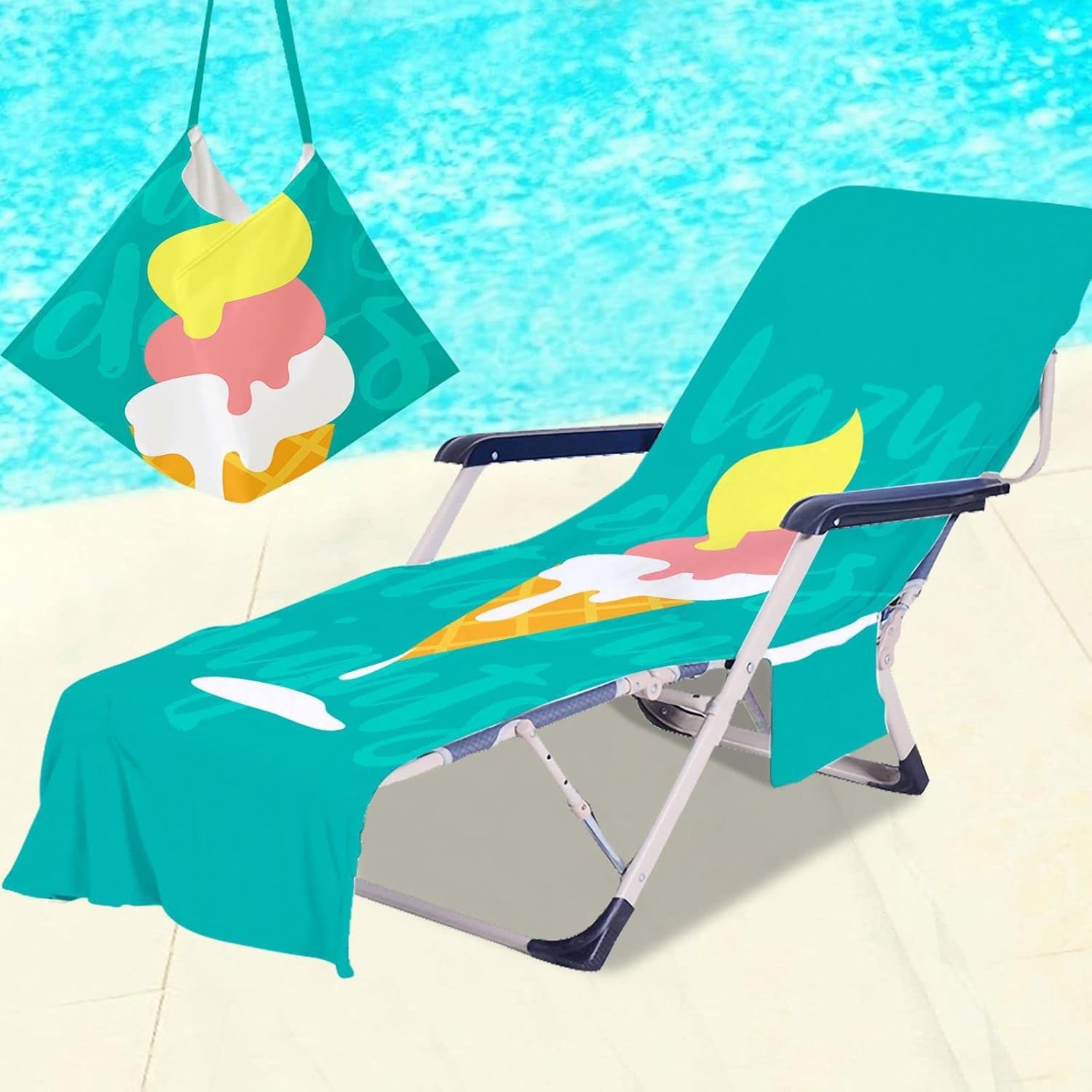 Surwin Sun Lounger Towel with Pockets, 3D Juice Print Quick Dry Beach Towel, Microfiber Sunbed Towels Travel Lounger Bag for Loungers Summer Holiday Outdoor Pool, 75X210CM- Ice Cream