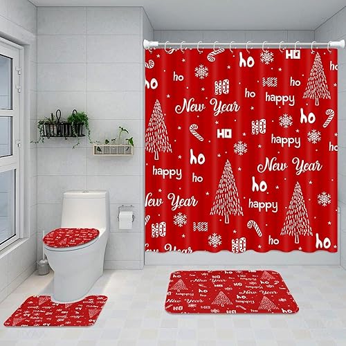 Miniatura 6 de Juego de cortina de ducha con diseño de copos de nieve y árbol de Navidad rojo con alfombra antideslizante, cubierta para tapa de inodoro, tapete de