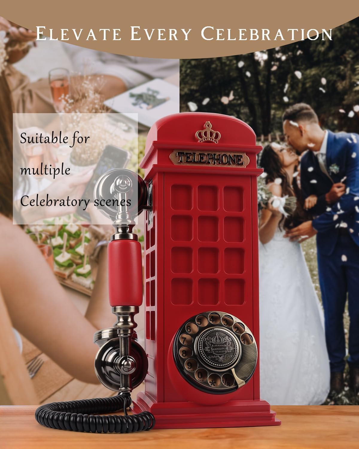Audio Guest Book Wedding Phone with Vintage Phone Booth Design, Record Customized Audio Message Guest Book for Wedding, Party and Gathering, Red