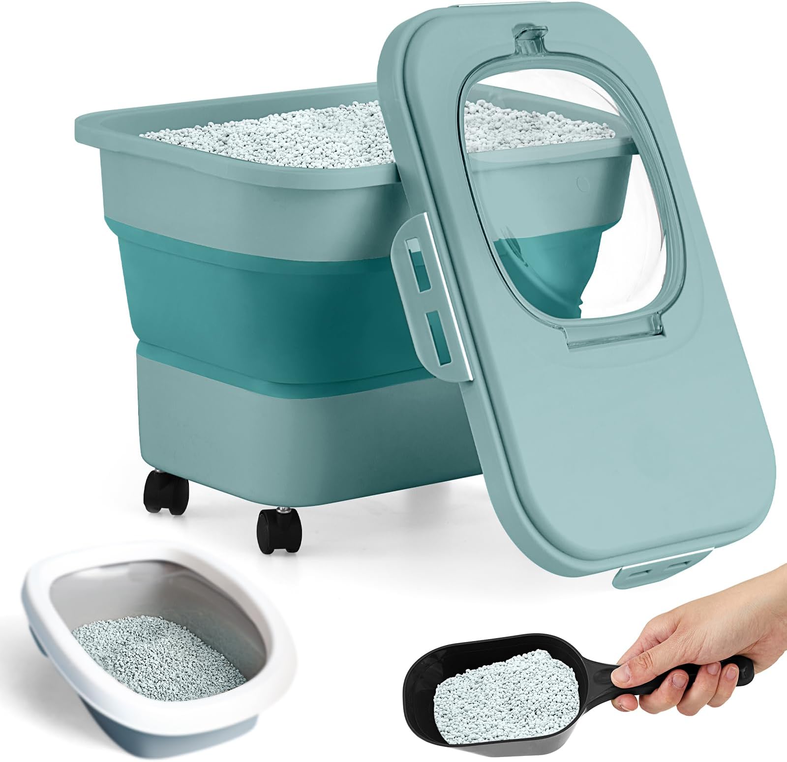 Juexica Collapsible Cat Litter Storage Bin Container with Airtight Lids, Portable Cat Litter Storage Container with Wheels, Kitchen Cereal Rice Leakproof Sealable (Green)