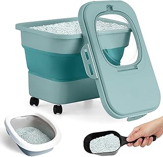 Juexica Collapsible Cat Litter Storage Bin Container with Rolling Casters, 20 Lbs Portable Cat Litter Storage Container with Airtight Lids, Shovel, Kitchen Cereal Rice Leakproof Sealable(Green)