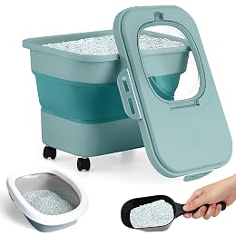 Juexica Collapsible Cat Litter Storage Bin Container with Rolling Casters, 20 Lbs Portable Cat Litter Storage Container with Airtight Lids, Shovel, Kitchen Cereal Rice Leakproof Sealable(Green)