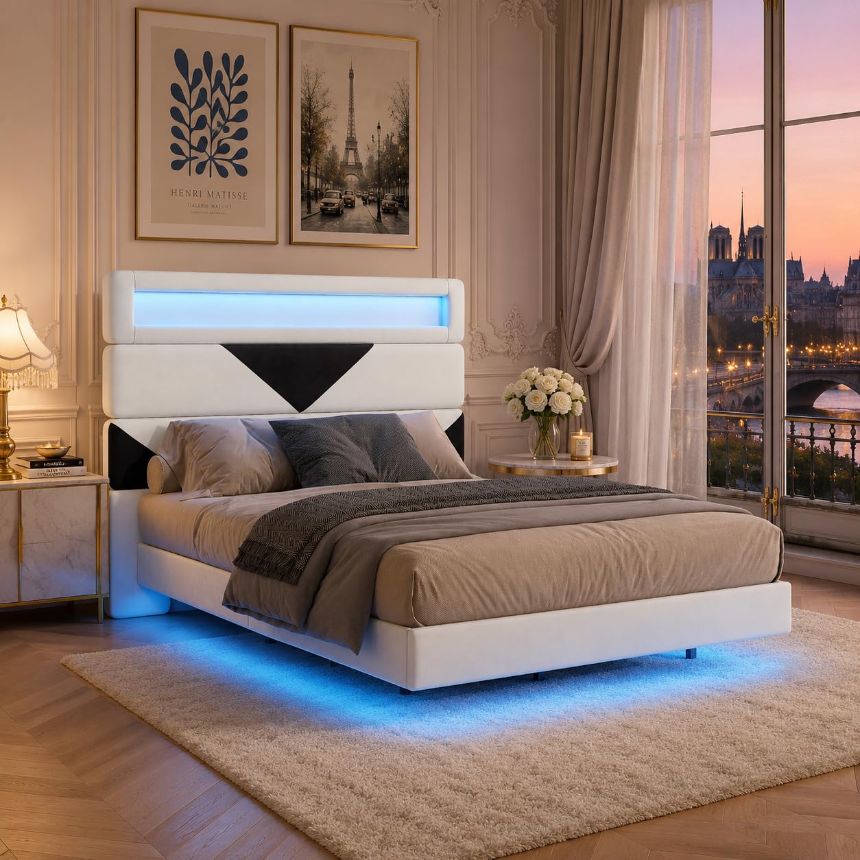 Letto matrimoniale 140 x 190, letto imbottito con illuminazione LED RGB e ricarica USB, telaio letto galleggiante con testiera modulare, con rete a doghe (beige+nero, 140 x 190 cm)