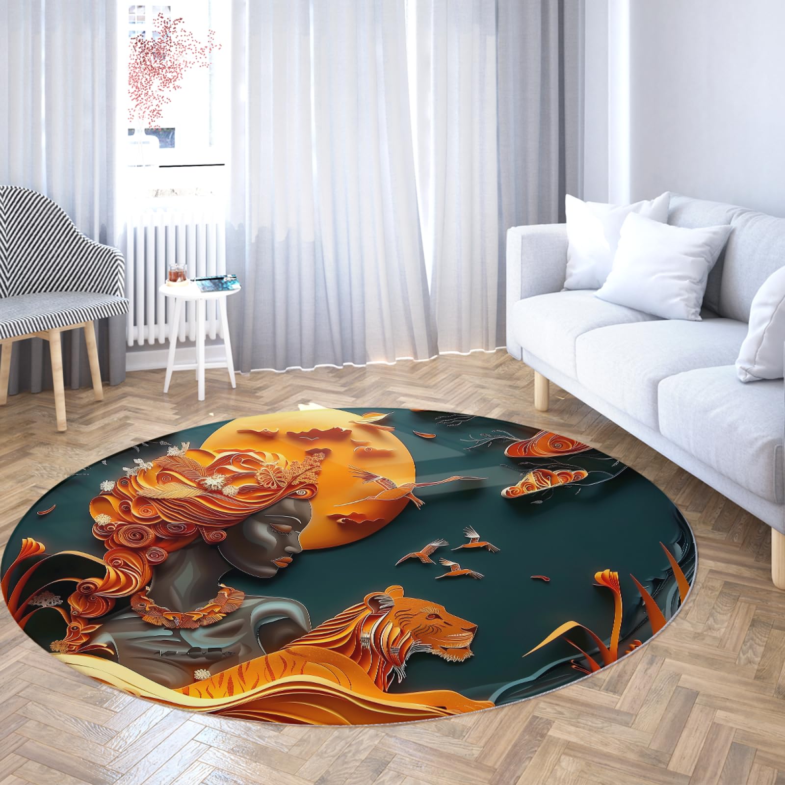 Tapis sarcelle d'hiver orange tribal antidérapant et résistant aux taches Ø 180cm