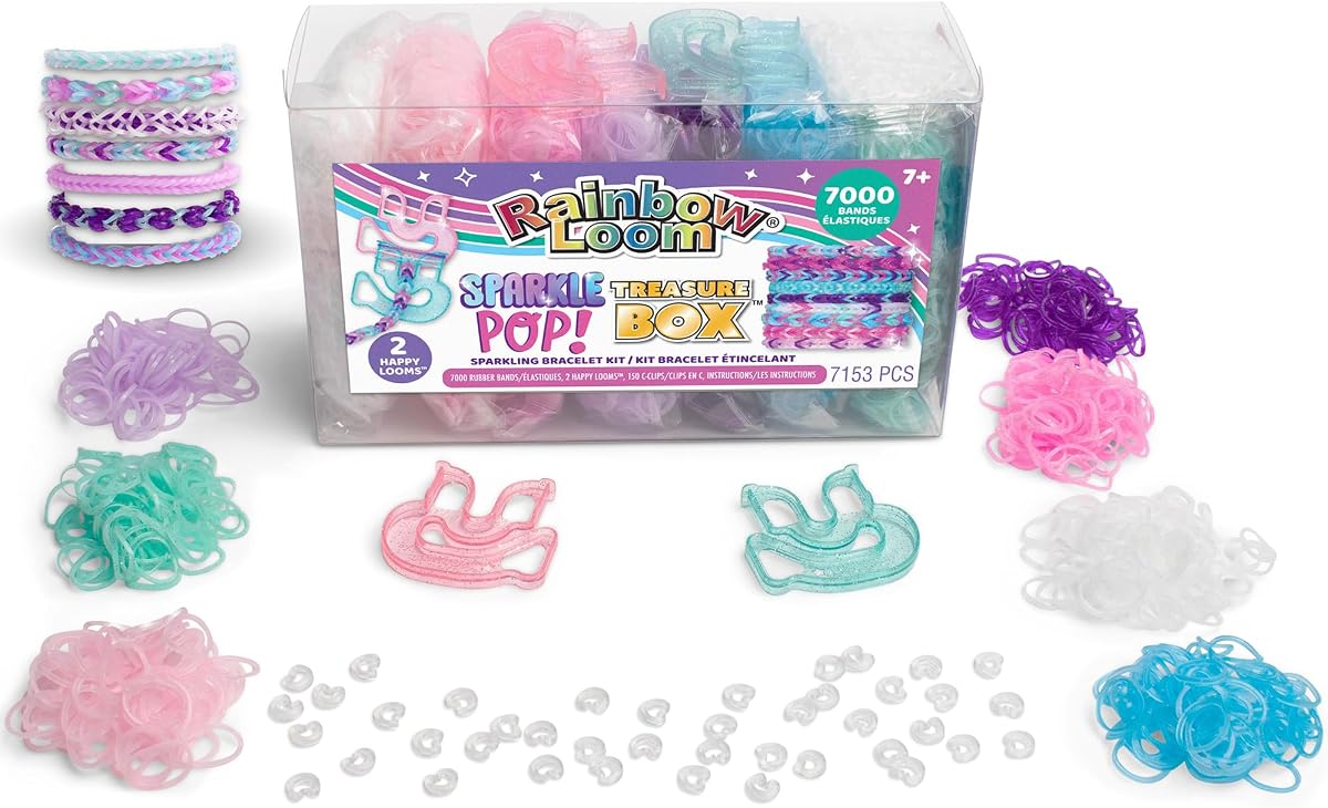Rainbow Loom Treasure Box Sparkle Pop Edition DIY Bracelet Kit, 7000 Bands | Includes 2 Happy Looms and 150 C-Clips, Latex-Free Crafting Set, Creative Jewelry Making for Kids 7+, 7 Vibrant Colors
