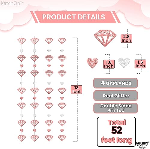 Miniatura 4 de KatchOn, Guirnalda de diamantes de oro rosa  13 pies, 4 cuerdas  Guirnalda de corazones de oro rosa  Cartel rosa para despedida de soltera