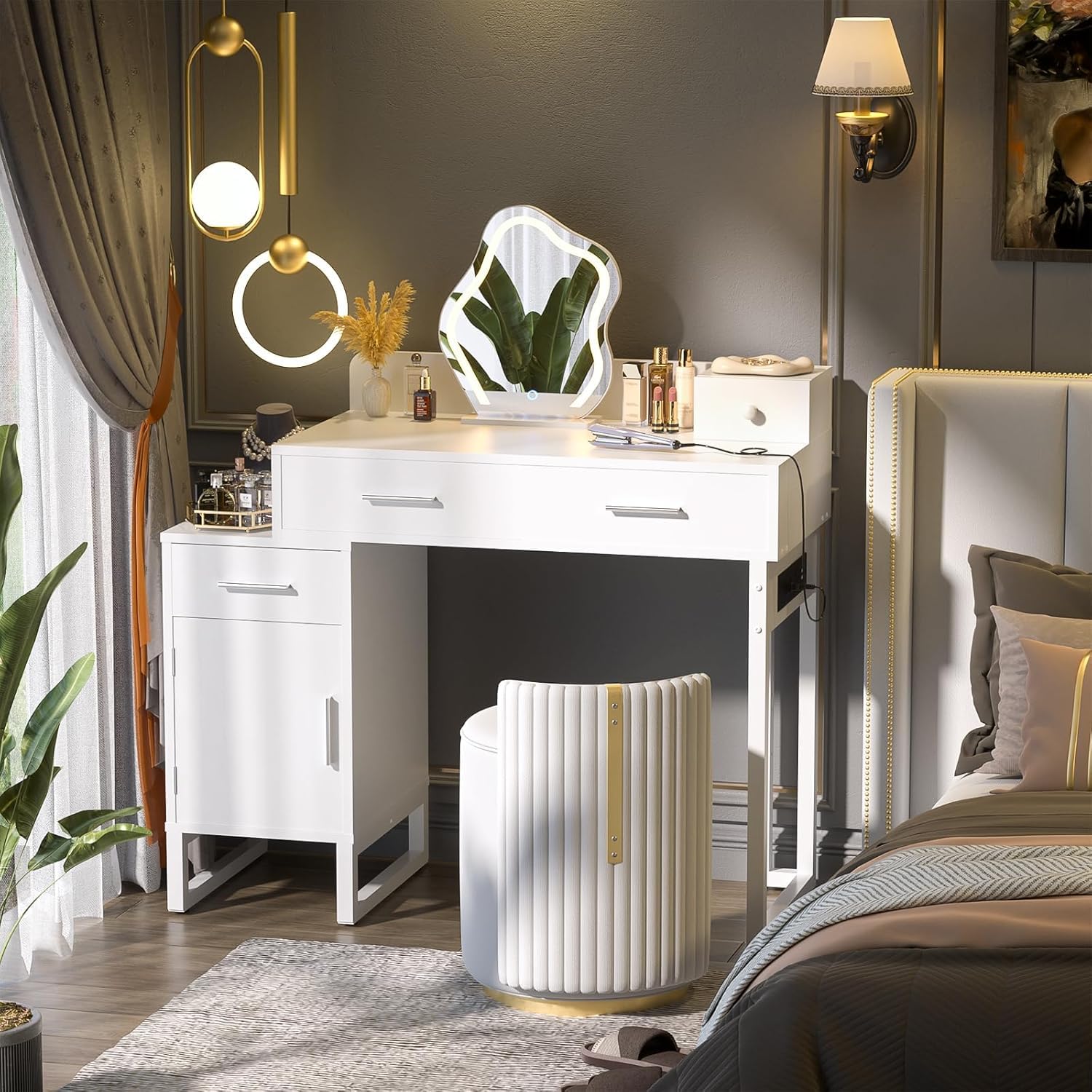 iSunirm Tocador de Maquillaje Moderno con 4 Cajones, Mesa Tocador Blanca con Mueble Reversible, Vanity de Maquillaje para Dormitorio, 90x40x76 cm