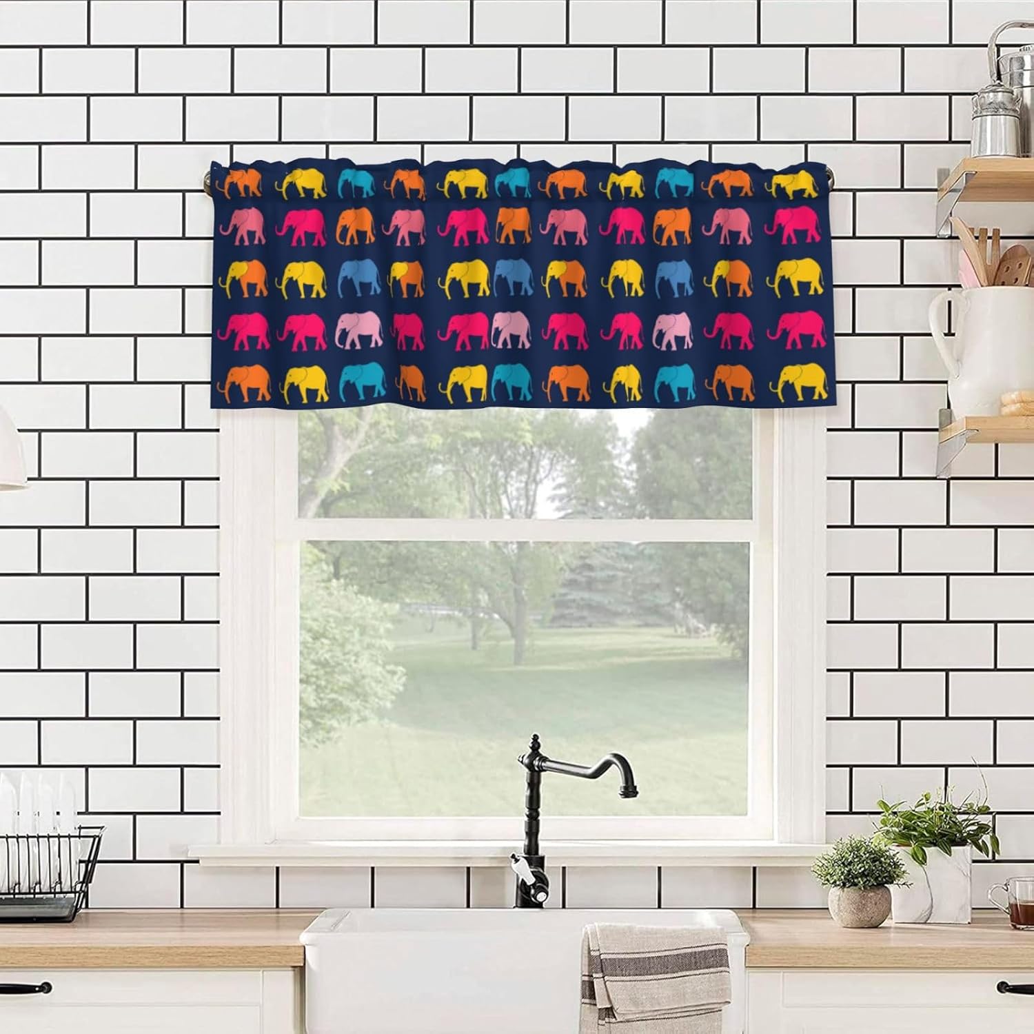 Valance for Windows Colorful Elephant Kitchen Curtains Valances Rod Pocket Navy Background Window Treatment Short Topper Curtains 1 Panel, 54x18inch