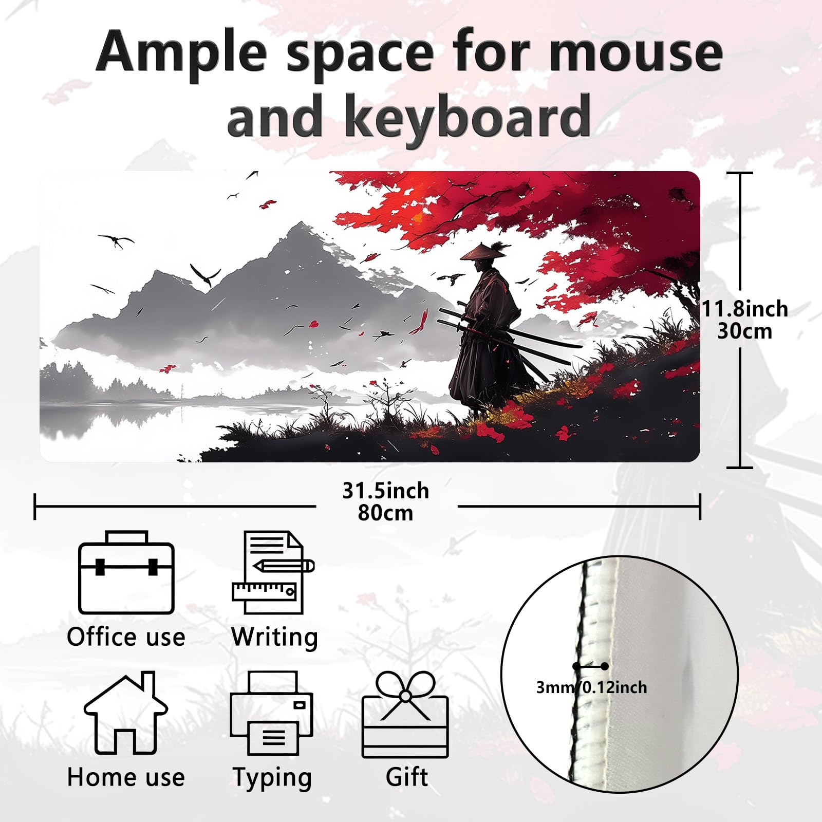 Tapis de Souris de Jeu Japonais XXL 800x300x3mm, Tapis de Bureau Antidérapant et Imperméable à Bords Cousus pour Gamer, PC et Ordinateur Portable (Jeu2)