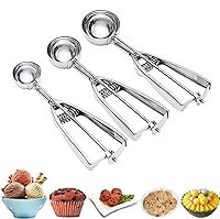 OTEHETOT 3PCS Stainless Steel Ice Cream Scoop Set with Trigger Release - Large/Medium/Small Cookie Scoops for Baking & Dough Scooping