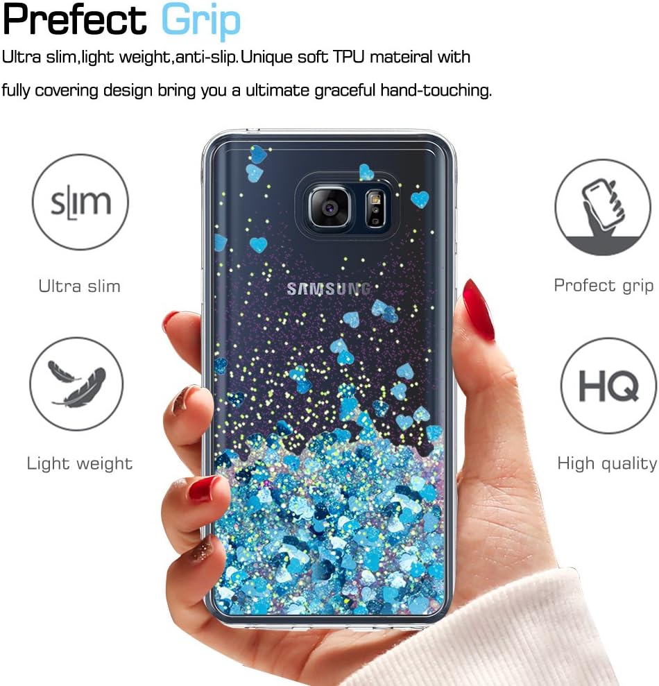LeYi Galaxy Note 5 Case with HD Screen Protector for Girls Women, Cute Design Shiny Glitter Moving Quicksand Liquid Clear TPU Protective Phone Case Cover for Samsung Galaxy Note 5 ZX Blue