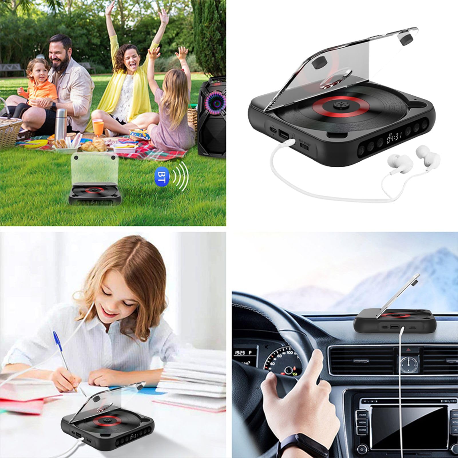 Kavolet Lecteur CD Portable BT - Lecteur CD avec Couvercle Anti-poussière - Casque Inclus - 6 Modes - Minuterie de répétition AB - Télécommande - Fonction de Lecture Externe