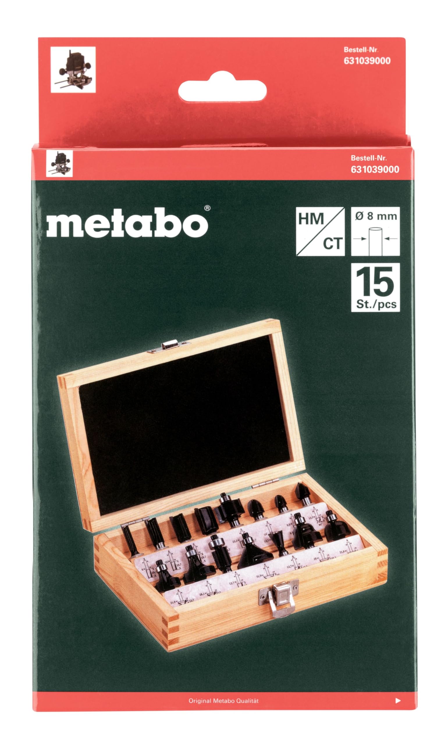 metabo Fräsersortiment-SP 8mm, 15-teilig Nutfräser Fräser-Set für Holz | Inklusive Nutfräser, Hohlkehlfräser und Bündigfräser, 15 robuste Fräser für Kantenprofile und dekorative Details im Set
