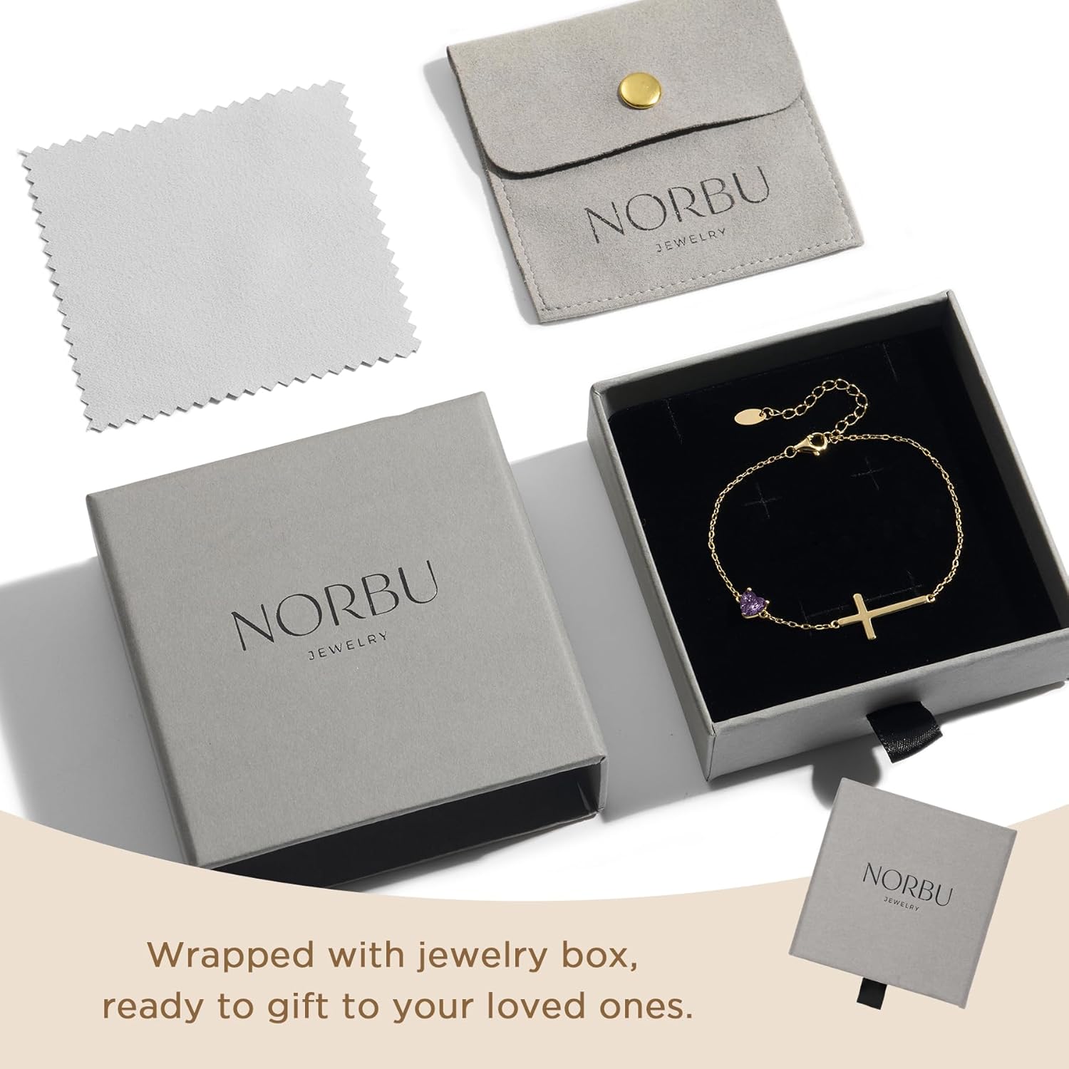 NORBU S925 Cross Bracelet for Women, 18K Gold Plated Sterling Silver Womens Cross Bracelet with Heart Birthstones, Religious Christmas Gift Anniversary Birthday Jewelry for Wife Girlfriend Her - Image 6