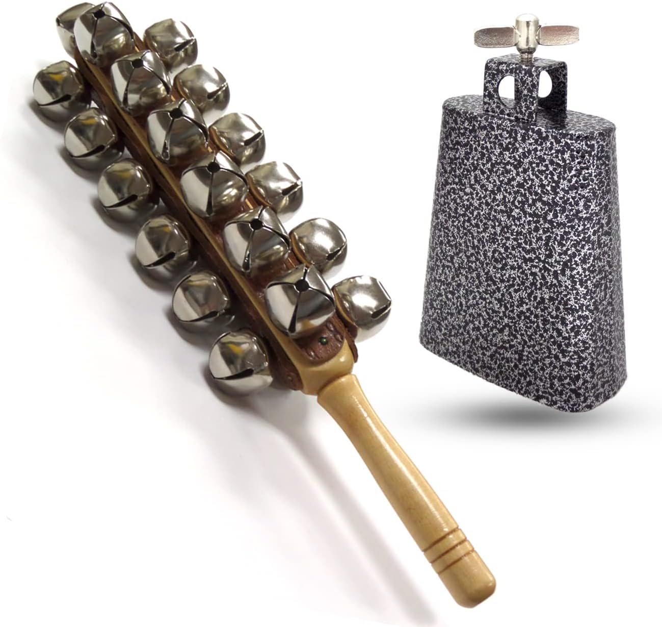 Performance Plus Percussion Kit | Latin Cowbell 5" and 25 Bell Jingle Bells with Maple Handle- (CB5-SBL25)