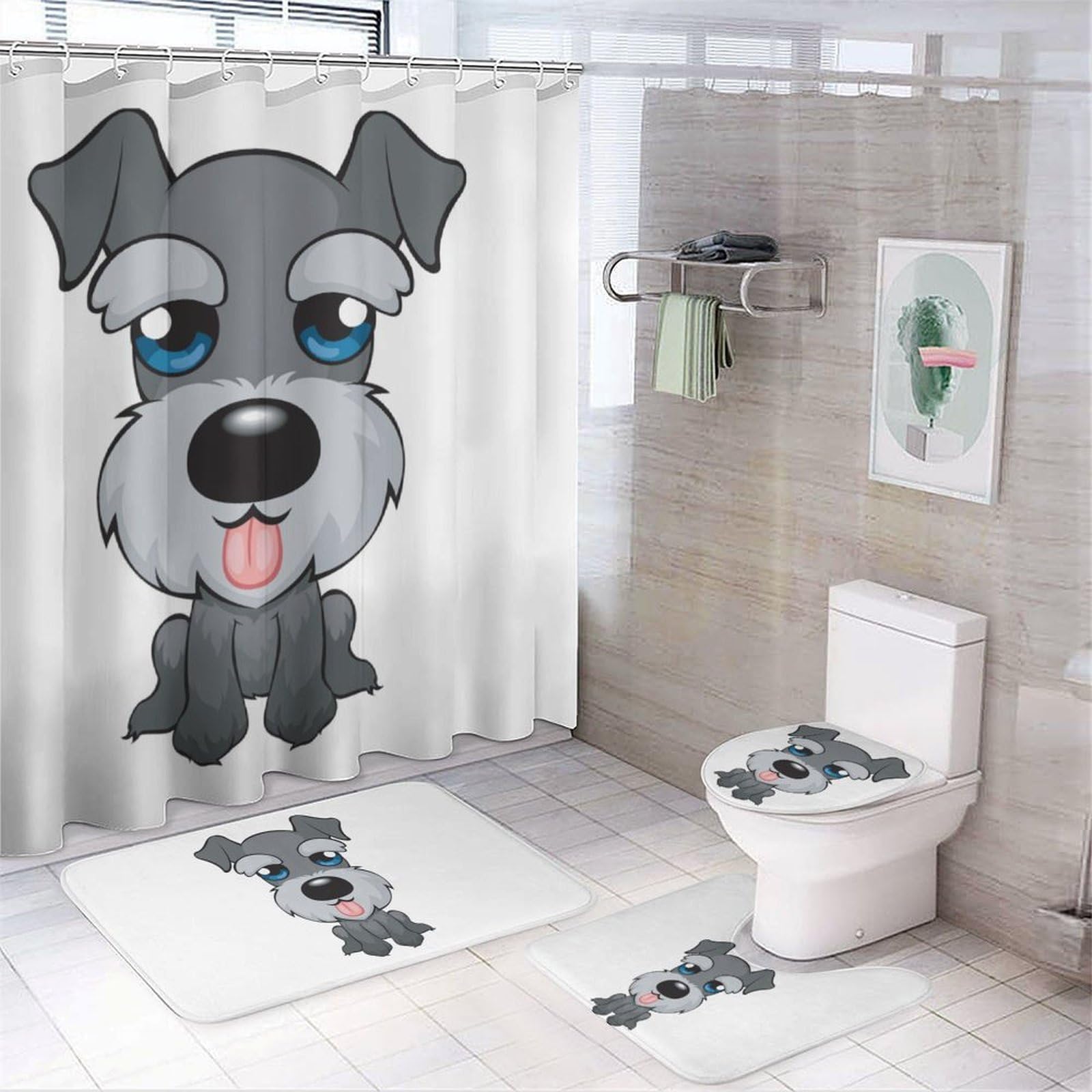 JZemdybill Bathroom Mat Set 4 Piece, Cute Schnauzer Dog Shower Curtain with Non-Slip Bath Mats for Bathroom
