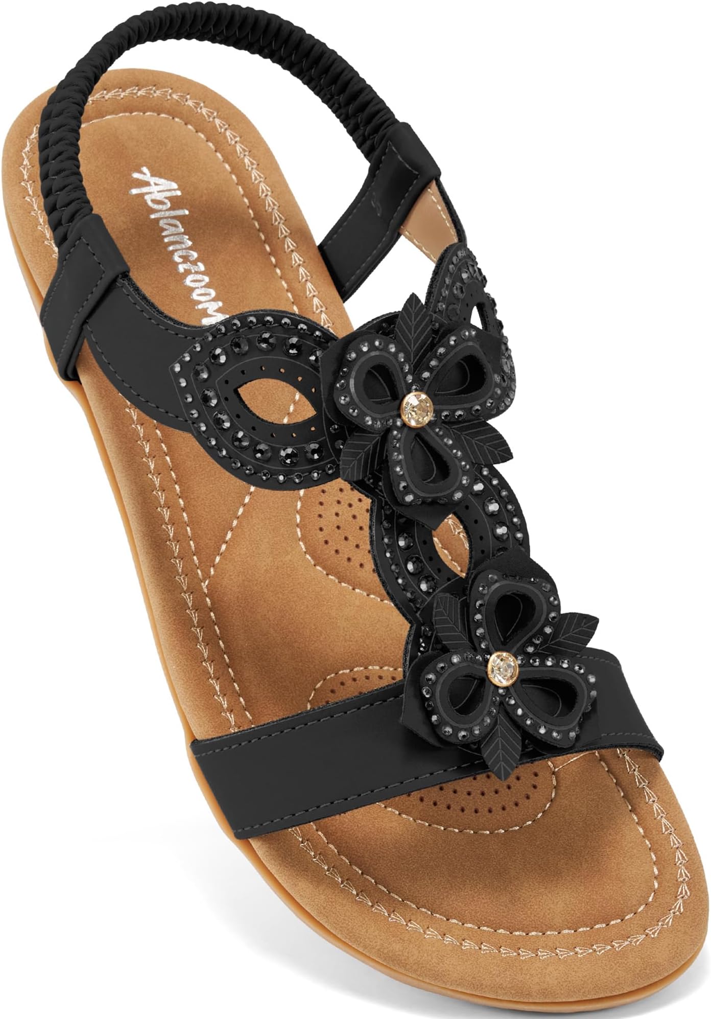 AblanczoomSandals for Women Flats with Rhinestone Floral Open Toe Slip On Sandals Dressy Summer Flats Shoes Women Casual Beach Footwear