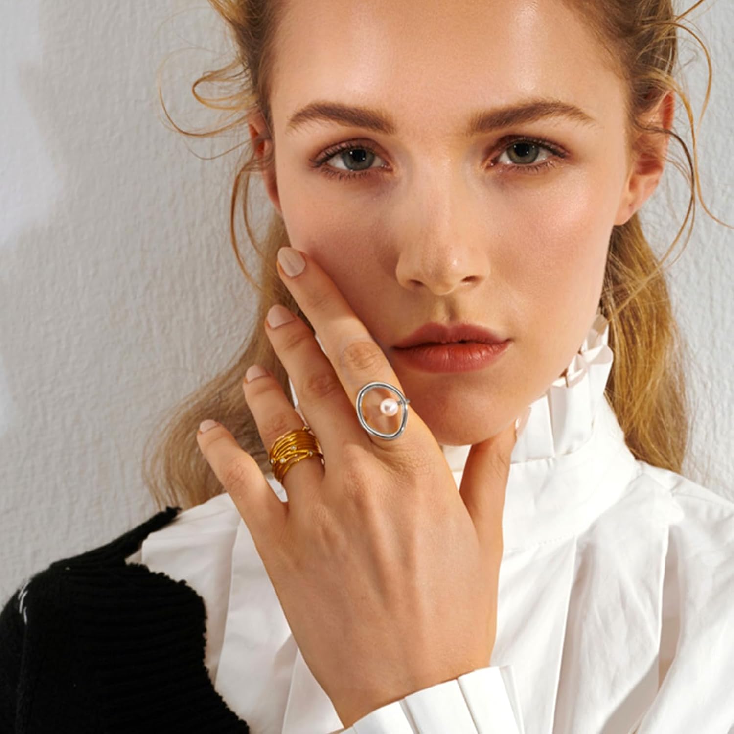 Pearl Ring for Women 925 Sterling Silver 14k Gold Plated Ring Mother Daughter Ring Danity Irregular Statement Wedding Band Bridal Ring Birthday Mother's Day Wedding Easter Jewelry Gifts for Her