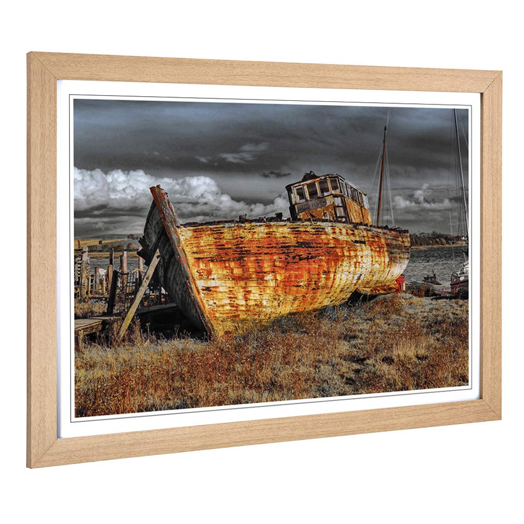 Big Box Art Framed Print of Stranded Boat Wreck on Beach (3) Design | Wall Art Picture | Home Decor for Kitchen, Living Room, Bedroom, Hallway, Oak, A2 / 24.5x18 Inch / 62x45cm