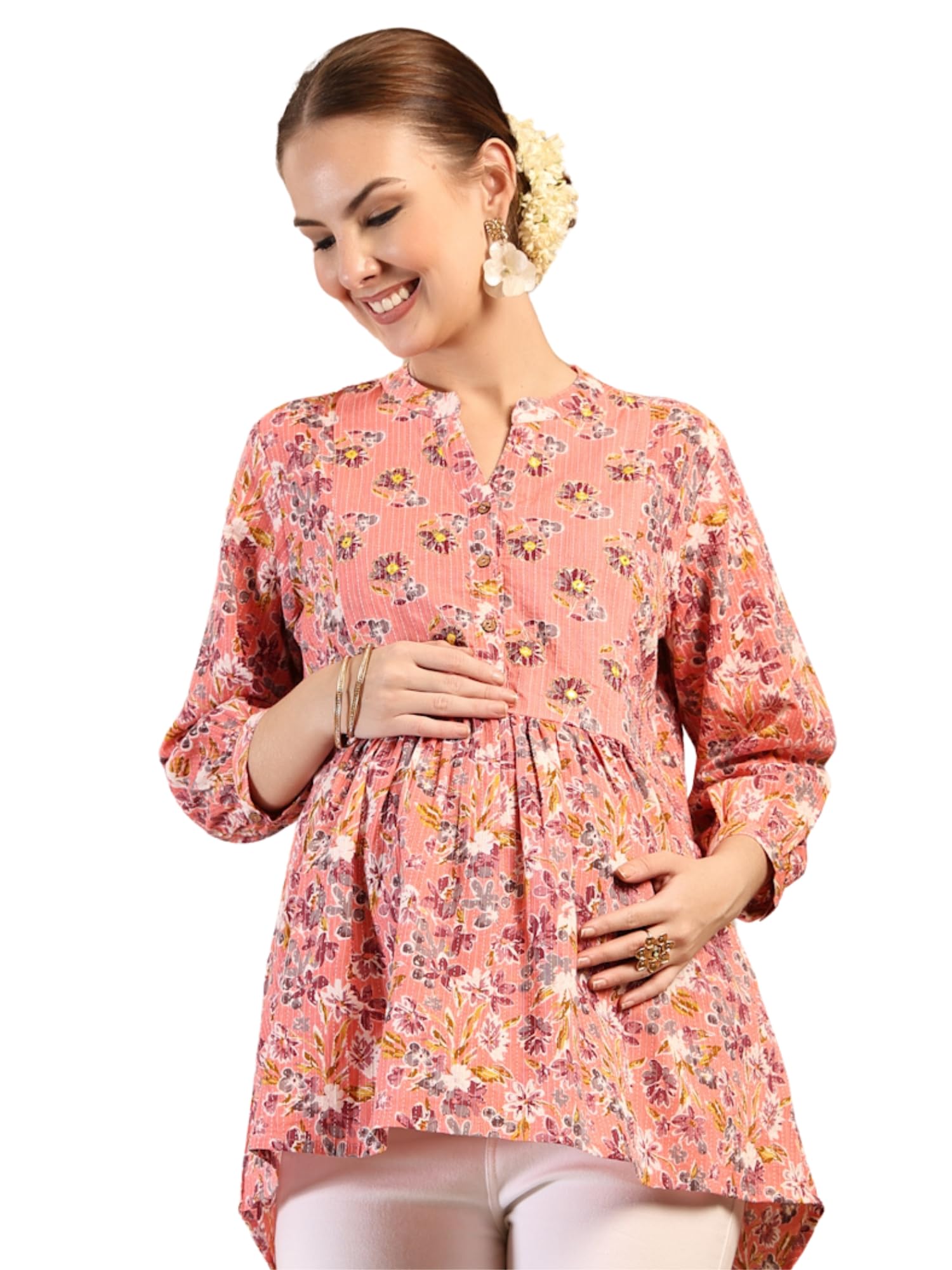 zelena Maternity Zipless Feeding Top for Women | 100% Cotton Pre & Post Pregnancy Floral Printed Top for Pregnant Woman | Nursing Top for Easy Breastfeeding for Mothers with Buttons-picture-11