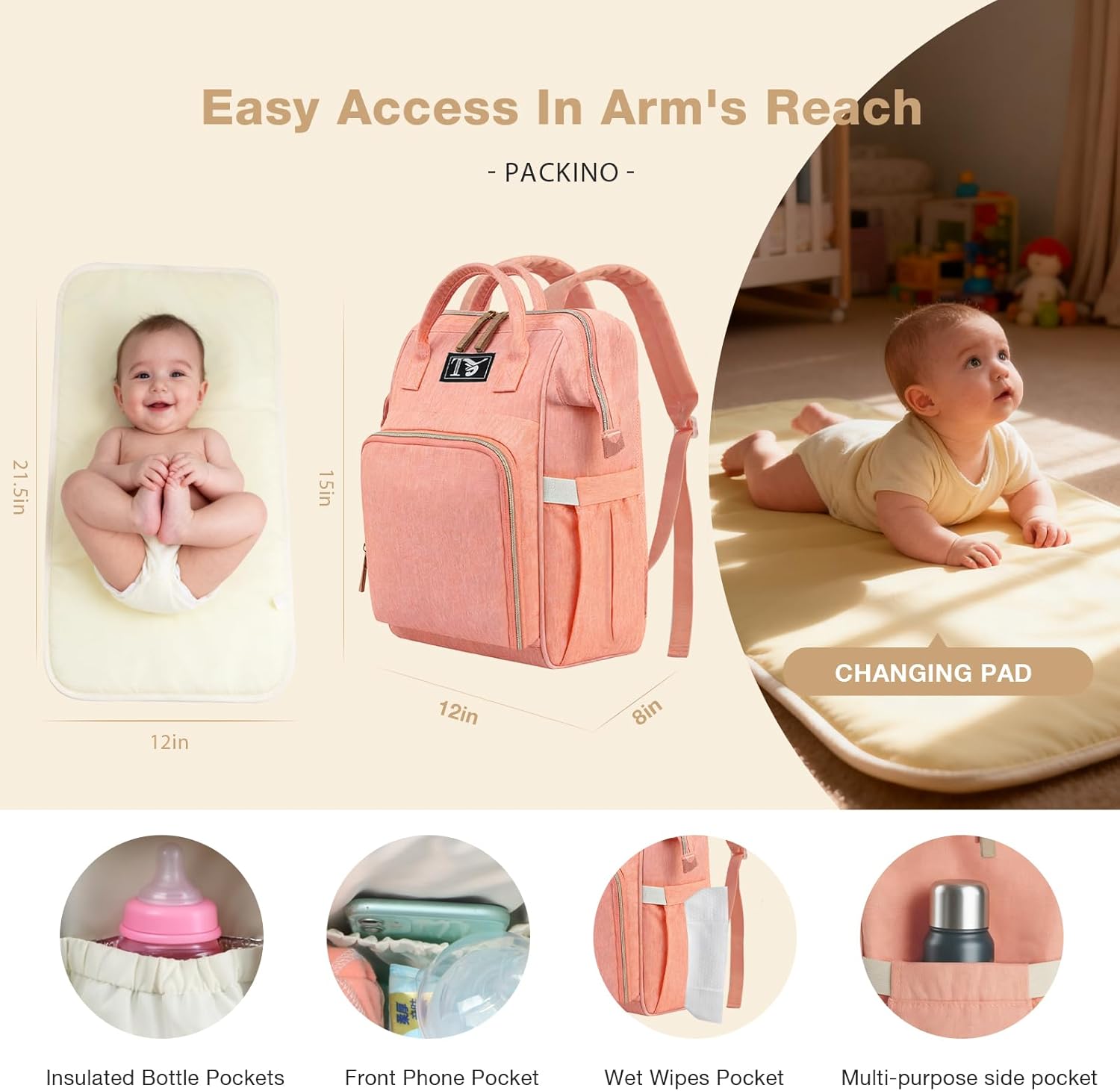 Diaper Bag Backpack for Women - Multifunction Travel Essentials Baby Diaper Bag with Changing Pad, Large Backpack Baby Girl Boy, Insulated Bottle Holders & Stroller Straps (Pink+Orange) - Image 2