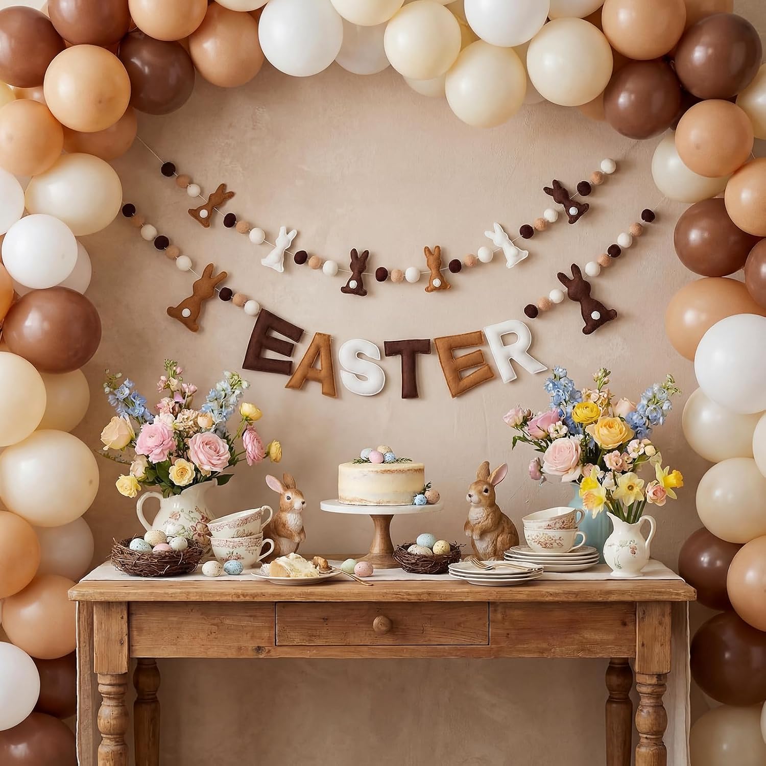 Breling 2 Pcs 6.5ft Easter Bunny Garland 3D Colorful Felt Happy Easter Banner Pom Pom Ball Garland Hanging Decor for Party Supplies Home Mantel Office Classroom Indoor Outdoor(Brown/white/light Brown)