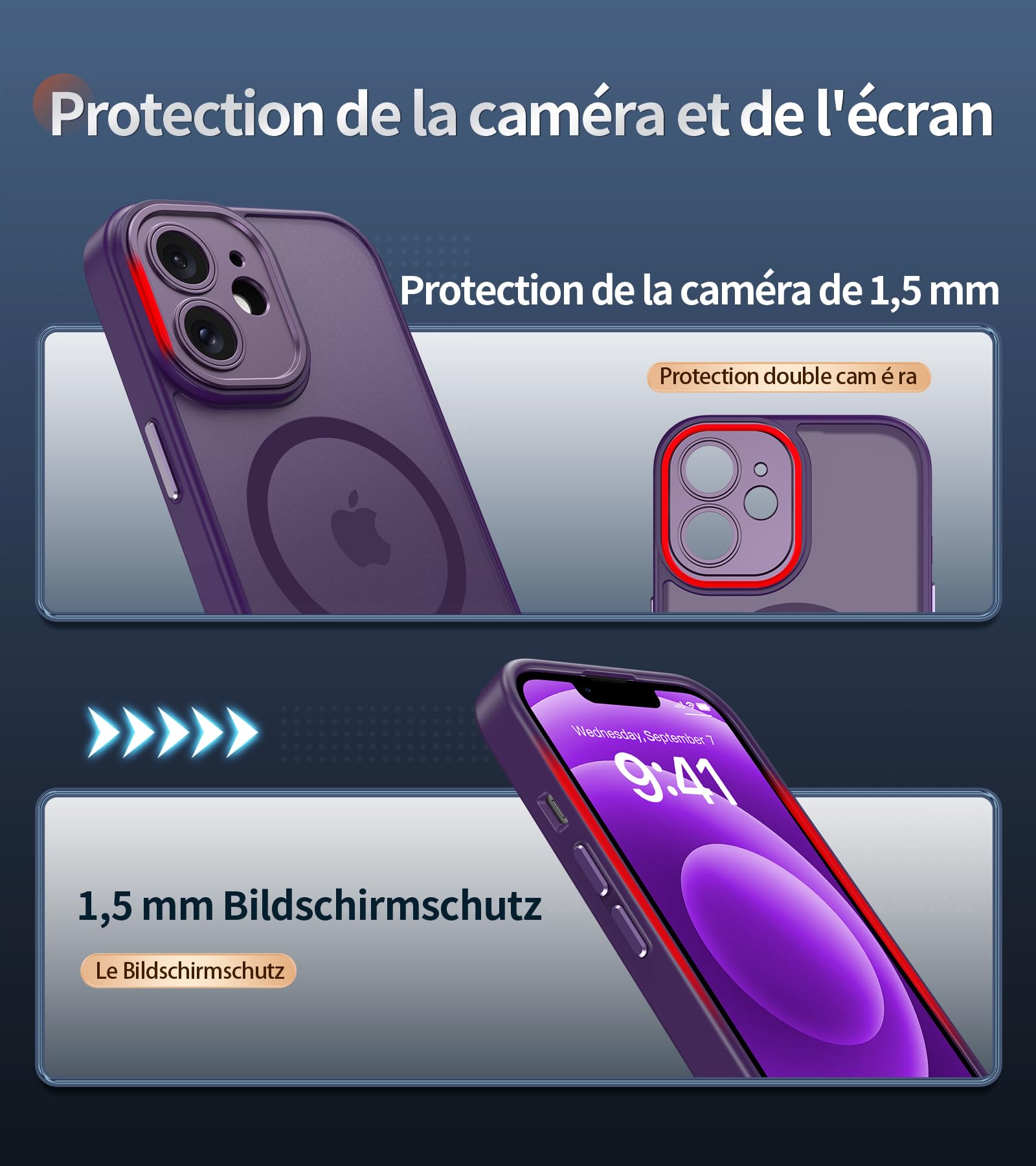 FLLAO Cover Magnetica per iPhone 12 Custodia e 2 Pellicole in Vetro Temperato, Cover iPhone 12 Compatibile con Magsafe, Traslucida Opaca Posteriore Sottile Antiurto Protettiva Case, Viola Scuro