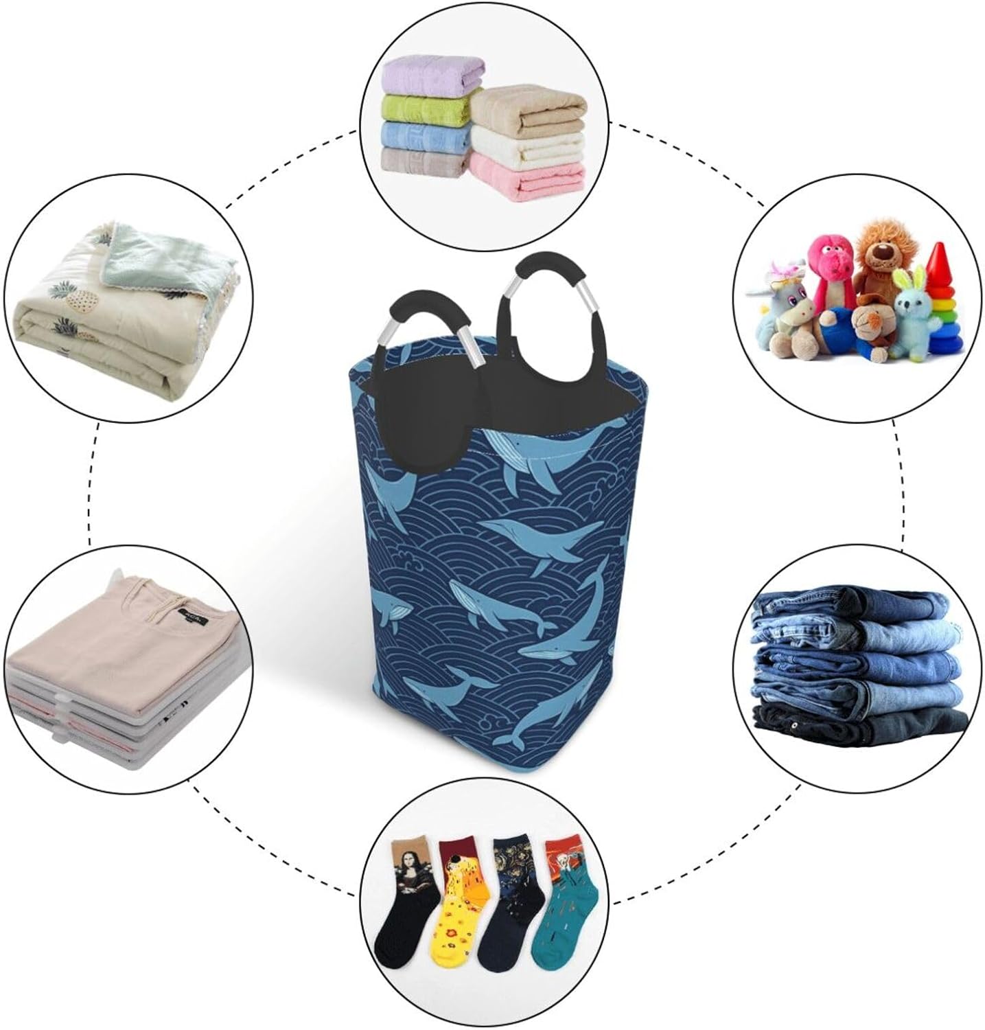 50l Laundry Basket Japanese Wave Pattern Waterproof Laundry Hamper Foldable Clothes Laundry Bag With Handles