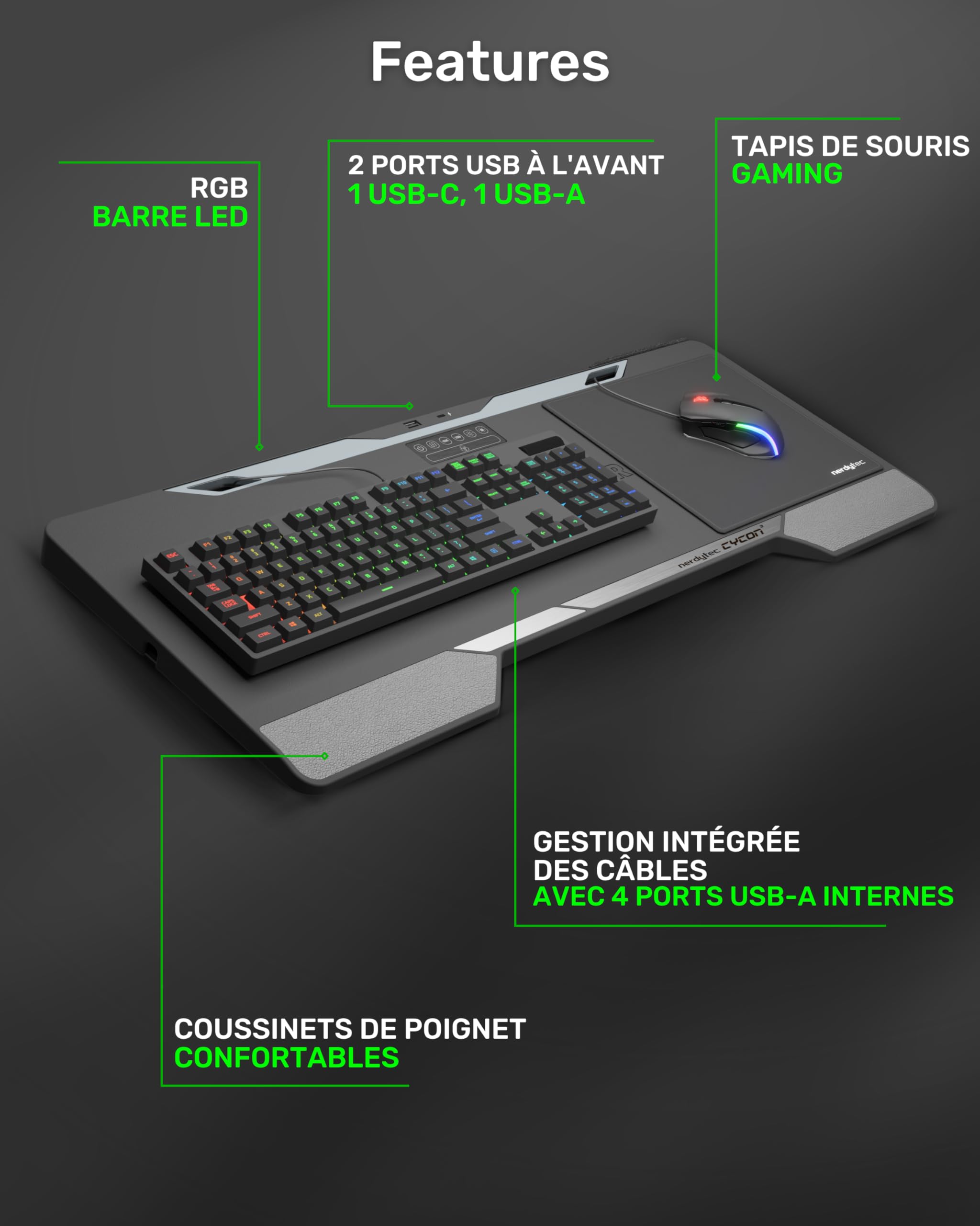Couchmaster Plateau ergonomique pour ordinateur portable avec barre de jeu HORIZONLIGHT RGB et hub USB pour PC, PS4/5, Xbox One/Series X