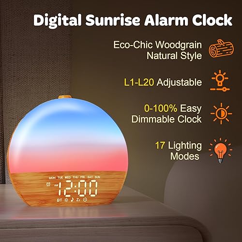 Miniatura 8 de Reloj despertador Sunrise con máquina de sonido, luz de despertador, grano de madera, Bluetooth, relojes despertadores digitales duales para