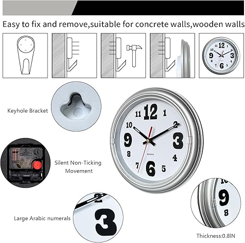 Miniatura 4 de Reloj de pared plateado de 8 pulgadas, reloj de pared con movimiento silencioso, fácil de leer, funciona con pilas, adecuado para salas de estar,