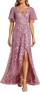 Women's Shimmery Formal Dress V Neck Sequins A-Line Side Slit Elegant Long Evening Dresses 02083