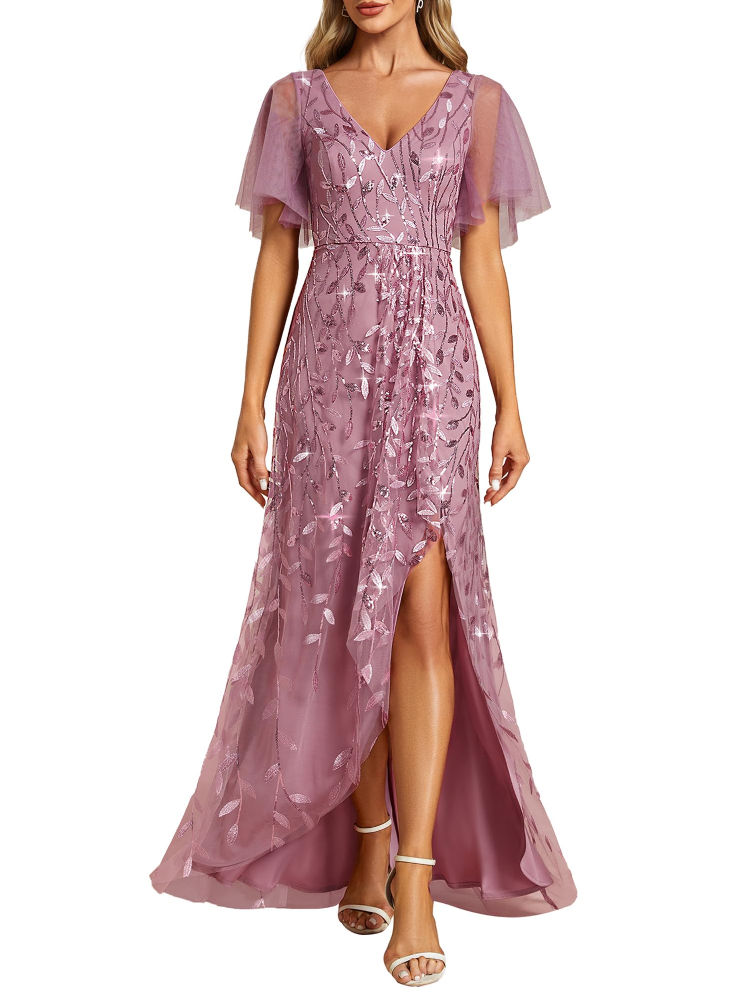 Ever-Pretty Women's Shimmery Formal Dress V Neck Sequins A-Line Side Slit Elegant Long Evening Dresses 02083